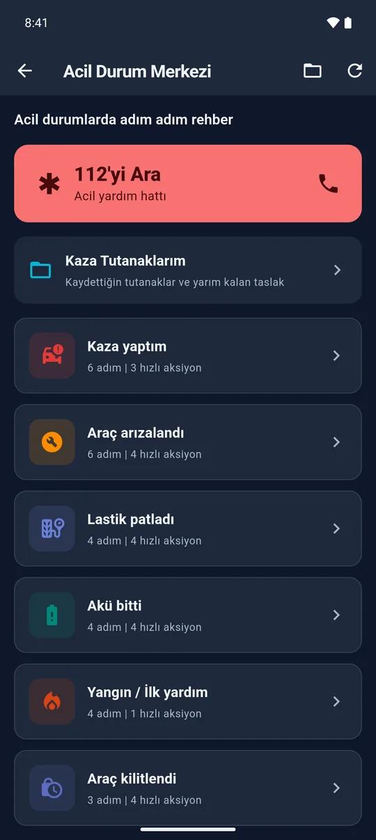 Acil Durum Merkezi: 112'yi ara düğmesi, kaza tutanakları, kaza, arıza, lastik ve akü rehberleri