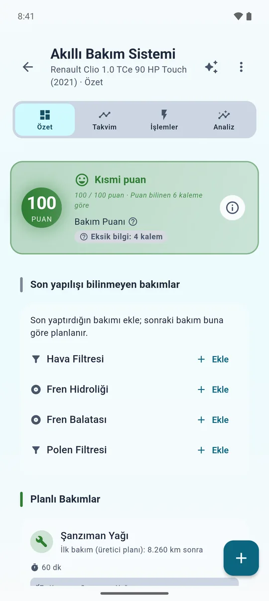 Akıllı Bakım ekranı. Bakım puanı, kaydı olan kalemlere göre hesaplanır; son bakımı bilinmeyen kalemler ayrıca gösterilir