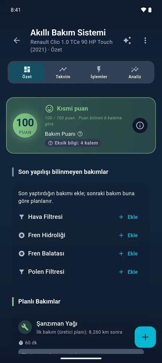 Akıllı Bakım ekranı. Bakım puanı, kaydı olan kalemlere göre hesaplanır; son bakımı bilinmeyen kalemler ayrıca gösterilir